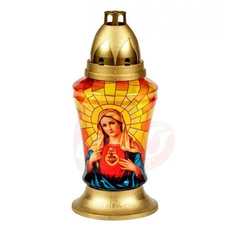 Candela Bolsius din sticla cu Maica Domnului - model vitraliu