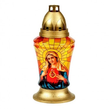 Candela Bolsius din sticla cu Maica Domnului - model vitraliu